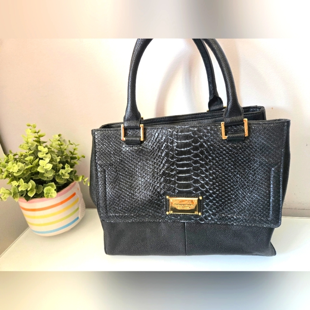 Tignanello Black Leather Multi Pocket Handbag